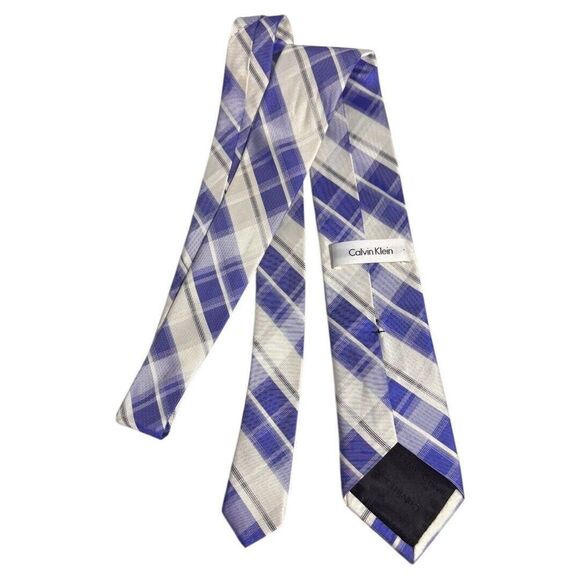 Calvin Klein Men Blue White‎ Plaid Silk Blend Necktie Formal Business - Picture 2 of 3